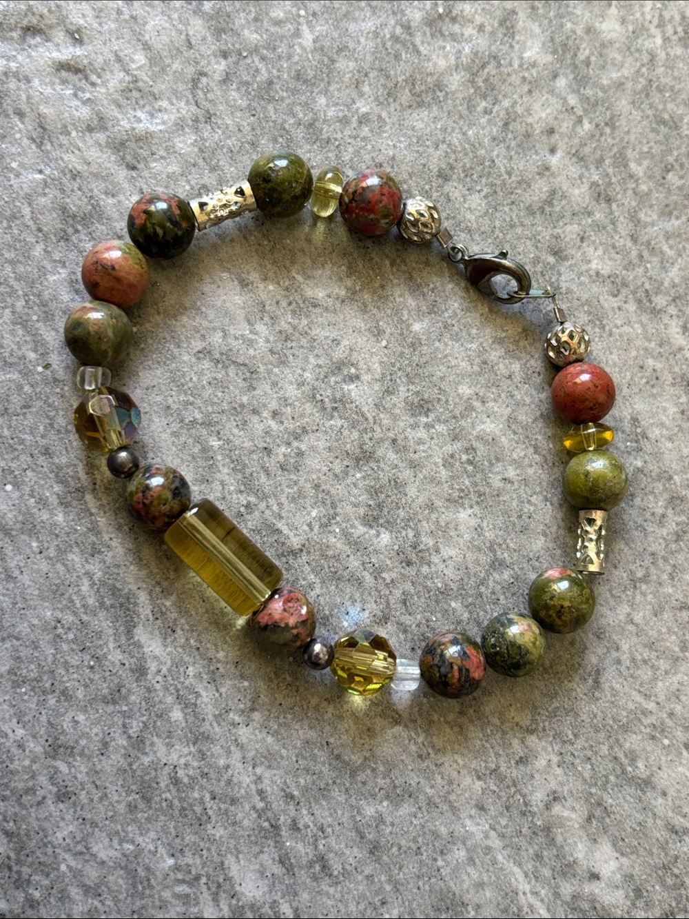 Genuine Unakite Green Pink GemStone Beaded 8” Bracelet Yellow Crystal Accents
